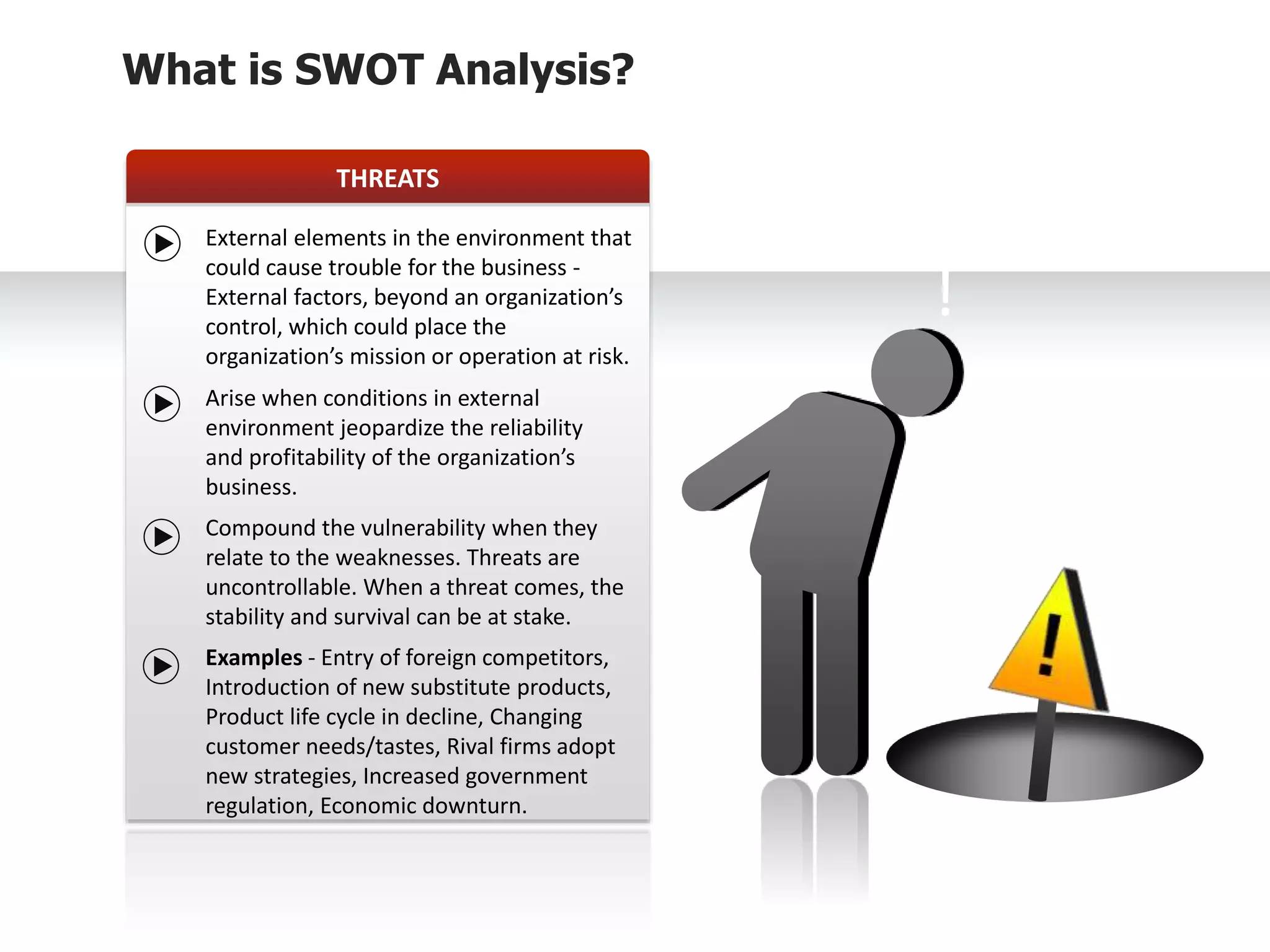 SWOT ANALYSIS - THREAT
!
THREATS
What is SWOT Analysis?
External elements in the environment that
could cause trouble for the business -
External factors, beyond an organization’s
control, which could place the
organization’s mission or operation at risk.
Arise when conditions in external
environment jeopardize the reliability
and profitability of the organization’s
business.
Compound the vulnerability when they
relate to the weaknesses. Threats are
uncontrollable. When a threat comes, the
stability and survival can be at stake.
Examples - Entry of foreign competitors,
Introduction of new substitute products,
Product life cycle in decline, Changing
customer needs/tastes, Rival firms adopt
new strategies, Increased government
regulation, Economic downturn.
 