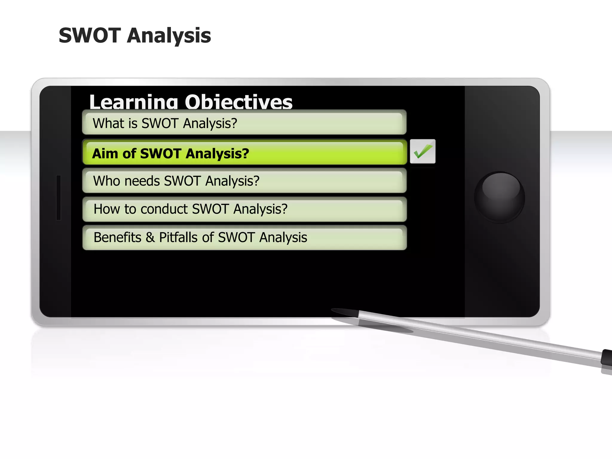 SWOT Analysis
Example text
Go ahead and replace it with your
own text. This is an example text.
Your own footer Your Logo
Aim of SWOT Analysis
Who needs SWOT Analysis?
How to conduct SWOT Analysis?
Learning Objectives
What is SWOT Analysis?
Benefits & Pitfalls of SWOT Analysis
Aim of SWOT Analysis?
 