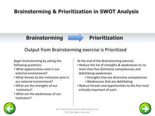 Brainstorming & Prioritization in SWOT Analysis
Brainstorming Prioritization
Output from Brainstorming exercise is Prioritized
Begin brainstorming by asking the
following questions:
• What opportunities exist in our
external environment?
• What threats to the institution exist in
our external environment?
• What are the strengths of our
institution?
• What are the weaknesses of our
institution?
At the end of the Brainstorming exercise:
• Reduce the list of strengths & weaknesses to no
more than five distinctive competencies and
debilitating weaknesses
• Strengths that are distinctive competencies
• Weaknesses that are debilitating
• Reduce threats and opportunities to the five most
critically important of each.
Mr. Sherpinsky's Honors Marketing Class.
2015 All rights reserved.
 