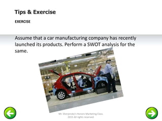 Tips & Exercise
EXERCISE
Assume that a car manufacturing company has recently
launched its products. Perform a SWOT analysis for the
same.
Mr. Sherpinsky's Honors Marketing Class.
2015 All rights reserved.
 
