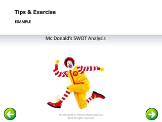 Tips & Exercise
EXAMPLE
Mc Donald’s SWOT Analysis
Mr. Sherpinsky's Honors Marketing Class.
2015 All rights reserved.
 