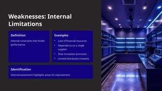 Weaknesses: Internal
Limitations
Definition
Internal constraints that hinder
performance.
Examples
• Lack of financial resources
• Dependence on a single
supplier
• Slow innovation processes
• Limited distribution network
Identification
Internal assessment highlights areas for improvement.
 