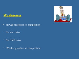 Weaknesses
• Slower processor vs competition
• No hard drive
• No DVD drive
• Weaker graphics vs competition
 