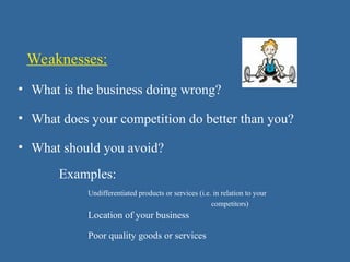 Weaknesses:
Examples:
Location of your business
• What does your competition do better than you?
Undifferentiated products or services (i.e. in relation to your
competitors)
Poor quality goods or services
• What is the business doing wrong?
• What should you avoid?
 