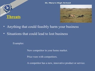 Threats
• Situations that could lead to lost business
A competitor has a new, innovative product or service.
New competitor in your home market.
Examples:
Price wars with competitors.
• Anything that could feasibly harm your business
 
