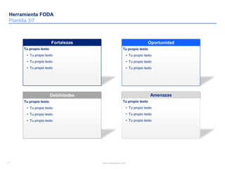11 www.slidebooks.com11
Herramienta FODA
Plantilla 3/7
Debilidades
Tu propio texto
• Tu propio texto
• Tu propio texto
• Tu propio texto
Oportunidad
Tu propio texto
• Tu propio texto
• Tu propio texto
• Tu propio texto
Amenazas
Tu propio texto
• Tu propio texto
• Tu propio texto
• Tu propio texto
Fortalezas
Tu propio texto
• Tu propio texto
• Tu propio texto
• Tu propio texto
 