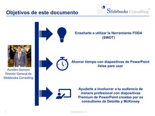 2 www.slidebooks.com2
Aurelien Domont
Director General de
Slidebooks Consulting
Enseñarte a utilizar la Herramienta FODA
(SWOT)
Ayudarte a involucrar a tu audiencia de
manera profesional con diapositivas
Premium de PowerPoint creadas por ex
consultores de Deloitte y McKinsey
Objetivos de este documento
Ahorrar tiempo con diapositivas de PowerPoint
listas para usar
 