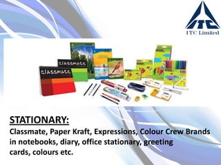 STATIONARY:
Classmate, Paper Kraft, Expressions, Colour Crew Brands
in notebooks, diary, office stationary, greeting
cards, colours etc.

 