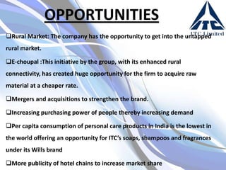 OPPORTUNITIES
Rural Market: The company has the opportunity to get into the untapped
rural market.

E-choupal :This initiative by the group, with its enhanced rural
connectivity, has created huge opportunity for the firm to acquire raw
material at a cheaper rate.

Mergers and acquisitions to strengthen the brand.
Increasing purchasing power of people thereby increasing demand
Per capita consumption of personal care products in India is the lowest in

the world offering an opportunity for ITC’s soaps, shampoos and fragrances
under its Wills brand
More publicity of hotel chains to increase market share

 