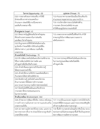 โอกาส (Opportunity : O) อุปสรรค (Threat : T)
O20 การขยายตัวของการท่องเที่ยว ทาให้มี
นักท่องเที่ยวจากต่างประเทศเข้ามา
T13 ค่าแรงภาคการเกษตรน้อยเมื่อเปรียบเทียบกับ
ค่าแรงของภาคอุตสาหกรรม และภาคบริการ
จานวนมาก ส่งผลให้มีการบริโภคอาหาร
และสินค้าเกษตรมากขึ้น
T14 การบริหารจัดการระบบโลจิสติกส์ด้าน
การเกษตร ยังขาดประสิทธิภาพ และ
ทาให้ต้นทุนสูงไม่สามารถแข่งขันได้
ด้านกฎหมาย (Legal : L)
O21 มีพระราชบัญญัติส่งเสริมวิสาหกิจชุมชน
ที่ช่วยอานวยความสะดวกในการส่งเสริม
และพัฒนาวิสาหกิจชุมชน
T15 เกษตรกรขาดกรรมสิทธิ์ในที่ดินทากิน ทาให้
ขาดแรงจูงใจในการพัฒนาและวางแผนการ
ผลิตในระยะยาว
O22 มีกฎกระทรวงให้ใช้บังคับผังเมืองรวมใน
ทุกจังหวัด กาหนดให้มีการใช้ประโยชน์ที่ดิน
เพื่อกิจการต่าง ๆ อย่างชัดเจน รวมทั้งเพื่อ
เกษตรกรรม
ด้านเทคโนโลยี (Technology : T)
O23 มีการพัฒนาเทคโนโลยีและนวัตกรรมที่สามารถ
ใช้ในการเพิ่มประสิทธิภาพการผลิต และ
สร้างมูลค่าเพิ่มให้แก่สินค้าเกษตร
T16 ขาดการประยุกต์ใช้เทคโนโลยีและนวัตกรรม
ในการแปรรูปและพัฒนาผลิตภัณฑ์เพื่อ
สร้างมูลค่าเพิ่ม
O24 เจ้าหน้าที่และเกษตรกรเข้าถึงองค์ความรู้
ได้สะดวกและรวดเร็วขึ้น
O25 เจ้าหน้าที่สามารถให้บริการและติดต่อสื่อสาร
กับเกษตรกรได้อย่างมีประสิทธิภาพ
O26 มีองค์ความรู้ เทคโนโลยี และนวัตกรรม
ด้านการเกษตร ที่เอื้อต่อการทาการเกษตร
แบบ Smart Farming รวมถึงการตลาดออนไลน์
O27 มีเทคโนโลยีที่ทันสมัยและเครื่องจักรกล
การเกษตร ที่สามารถทดแทนแรงงาน
ในภาคการเกษตร
ด้านสิ่งแวดล้อม (Environment : En)
O28 เป้าหมายการพัฒนาที่ยั่งยืน (SDGs) สนับสนุน
การสร้างความมั่นคงทางอาหารและส่งเสริม
เกษตรกรรมยั่งยืน
T17 การเปลี่ยนแปลงสภาพภูมิอากาศก่อให้เกิดภัย
ธรรมชาติที่มีความรุนแรง และการระบาดของศัตรูพืช
สร้างความเสียหายต่อการเพาะปลูก
O29 สภาพทางภูมิศาสตร์ที่เหมาะสม และความ
หลากหลายทางชีวภาพ ส่งผลให้เพาะปลูกสินค้า
เกษตรได้หลายชนิด
T18 พื้นที่การเกษตรส่วนใหญ่ยังอาศัยน้าฝน ระบบ
ชลประทานยังไม่ครอบคลุมทุกพื้นที่ ซึ่งเป็นอุปสรรค
ต่อการพัฒนาการผลิตทางการเกษตร
 