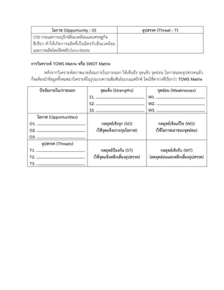 โอกาส (Opportunity : O) อุปสรรค (Threat : T)
O30 กระแสการอนุรักษ์สิ่งแวดล้อมและเศรษฐกิจ
สีเขียว ทาให้เกิดการผลิตที่เป็นมิตรกับสิ่งแวดล้อม
และการผลิตโดยยึดหลักZero-Waste
การวิเคราะห์ TOWS Matrix หรือ SWOT Matrix
หลังจากวิเคราะห์สภาพแวดล้อมภายในภายนอก ให้เห็นถึง จุดแข็ง จุดอ่อน โอกาสและอุปสรรคแล้ว
ก็จะต้องนาข้อมูลทั้งหมดมาวิเคราะห์ในรูปแบบความสัมพันธ์แบบแมตริกซ์ โดยใช้ตารางที่เรียกว่า TOWS Matrix
ปัจจัยภายใน/ภายนอก จุดแข็ง (Strengths)
S1. ................................................
S2. ................................................
S3. ................................................
จุดอ่อน (Weaknesses)
W1. ................................................
W2. ................................................
W3. ................................................
โอกาส (Opportunities)
O1. ................................................
O2. ................................................
O3. ................................................
กลยุทธ์เชิงรุก (SO)
(ใช้จุดแข็งเกาะกุมโอกาส)
กลยุทธ์เชิงแก้ไข (WO)
(ใช้โอกาสเอาชนะจุดอ่อน)
อุปสรรค (Threats)
T1. ................................................
T2. ................................................
T3. ................................................
กลยุทธ์ป้องกัน (ST)
(ใช้จุดแข็งหลีกเลี่ยงอุปสรรค)
กลยุทธ์เชิงรับ (WT)
(ลดจุดอ่อนและหลีกเลี่ยงอุปสรรค)
 