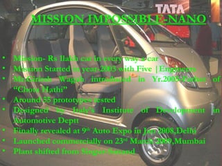 Mission- Rs 1lakh car in every way a car Mission Started in year-2003 with Five |Engineers Mr.Girirsh Wagah introduced in Yr.2005-Father of “Chota Hathi” Around 55 prototypes tested Designed by Italy’s Institute of Development in Automotive Deptt Finally revealed at 9 th  Auto Expo in Jan 2008,Delhi Launched commercially on 23 rd  March 2009,Mumbai  Plant shifted from Singur-Sanand MISSION IMPOSSIBLE-NANO 