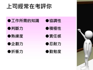上司經常在考評你
●工作所需的知識 ●協調性
●判斷力 ●積極性
●熟練度 ●責任感
●企劃力 ●忍耐力
●折衝力 ●勤勉度
 