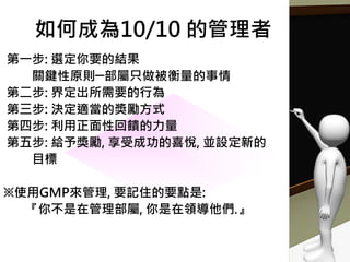第一步: 選定你要的結果
關鍵性原則─部屬只做被衡量的事情
第二步: 界定出所需要的行為
第三步: 決定適當的獎勵方式
第四步: 利用正面性回饋的力量
第五步: 給予獎勵, 享受成功的喜悅, 並設定新的
目標
※使用GMP來管理, 要記住的要點是:
『你不是在管理部屬, 你是在領導他們.』
如何成為10/10 的管理者
 