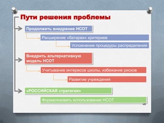 Пути решения проблемы
 Продолжить внедрение НСОТ

       Расширение «батареи» критериев
                    Усложнение процедуры распределения

 Внедрить альтернативную
 модель НСОТ

       Учитывание интересов школы, избежание рисков

                   Развитие учреждения

 «РОССИЙСКАЯ стратегия»

       Формализовать использование НСОТ
                                                      16
 
