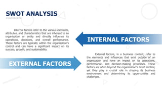 SWOT ANALYSIS
EXTERNAL FACTORS
Internal factors refer to the various elements,
attributes, and characteristics that are inherent to an
organization or entity and directly influence its
operations, decisions, and overall performance.
These factors are typically within the organization's
control and can have a significant impact on its
success, growth, and sustainability.
External factors, in a business context, refer to
the elements and influences that exist outside of an
organization and have an impact on its operations,
performance, and decision-making processes. These
factors are often beyond the organization's direct control,
yet they play a crucial role in shaping its business
environment and determining its opportunities and
challenges.
INTERNAL FACTORS
COMPONENTS
 