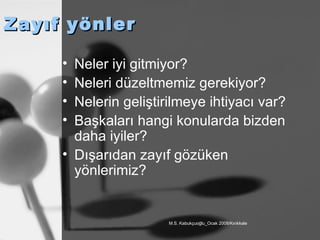 Zayıf yönler Neler iyi gitmiyor? Neleri düzeltmemiz gerekiyor? Nelerin geliştirilmeye ihtiyacı var? Başkaları hangi konularda bizden daha iyiler? Dışarıdan zayıf gözüken yönlerimiz? 