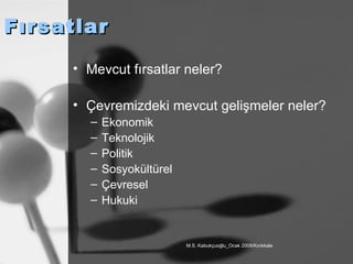 Fırsatlar Mevcut fırsatlar neler? Çevremizdeki mevcut gelişmeler neler? Ekonomik Teknolojik Politik Sosyokültürel Çevresel Hukuki 