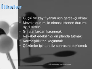 İlkeler Güçlü ve zayıf yanlar için gerçekçi olmak Mevcut durum ile olması istenen durumu ayırt etmek Gri alanlardan kaçınmak Rekabet edebilirliği ön planda tutmak Karmaşıklıktan kaçınmak Çözümler için analiz sonrasını beklemek 