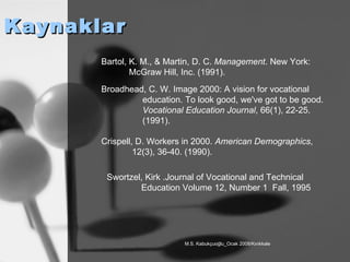 Kaynaklar Swortzel ,  Kirk  . Journal of Vocational and Technical Education Volume 12, Number 1  Fall, 1995  Bartol, K. M., & Martin, D. C.  Management . New York: McGraw Hill, Inc. (1991).  Broadhead, C. W. Image 2000: A vision for vocational education. To look good, we've got to be good.  Vocational Education Journal , 66(1), 22-25. (1991).  Crispell, D. Workers in 2000.  American Demographics , 12(3), 36-40. (1990).  