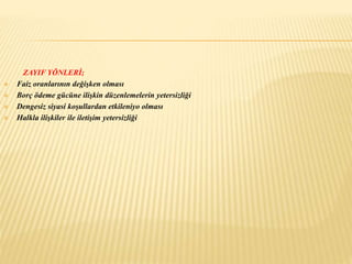 ZAYIF YÖNLERİ; 
 Faiz oranlarının değişken olması 
 Borç ödeme gücüne ilişkin düzenlemelerin yetersizliği 
 Dengesiz siyasi koşullardan etkileniyo olması 
 Halkla ilişkiler ile iletişim yetersizliği 
 