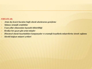 FIRSATLAR; 
 Artan dış ticaret hacmine bağlı olarak uluslararası genişleme 
 Yabancı stratejik ortaklıklar 
 Uzun yıllar olmasından kaynaklı bilinirlilliği 
 Krediye her geçen gün artan talepler 
 Dönemsel olarak hazırladıkları kampanyalar ve avantajlı koşullarla müşterilerine destek sağlama 
 Sürekli değişen müşteri zevkleri 
 
