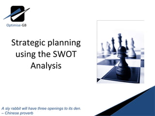 Strategic planning using the SWOT Analysis Optimise- GB A sly rabbit will have three openings to its den.  –  Chinese proverb 