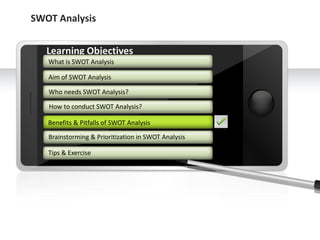 SWOT Analysis


        Learning Objectives
         What is SWOT Analysis

         Aim of SWOT Analysis

         Who ne...
