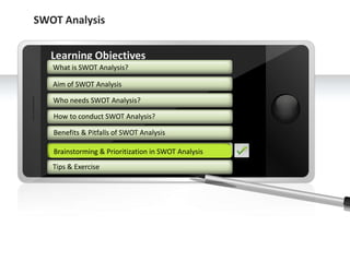 SWOT Analysis


        Learning Objectives
         What is SWOT Analysis?

         Aim of SWOT Analysis

         Who n...