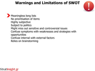 Warnings and Limitations of SWOT


Meaningless long lists
No prioritisation of items
Highly subjective
Subject to politics
Might miss out sensitive and controversial issues
Confuse symptoms with weaknesses and strategies with
opportunities
Confuse internal with external factors
Relies on brainstorming
 