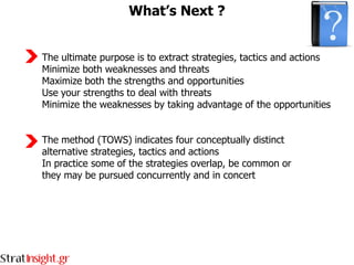 What’s Next ?


The ultimate purpose is to extract strategies, tactics and actions
Minimize both weaknesses and threats
Maximize both the strengths and opportunities
Use your strengths to deal with threats
Minimize the weaknesses by taking advantage of the opportunities


The method (TOWS) indicates four conceptually distinct
alternative strategies, tactics and actions
In practice some of the strategies overlap, be common or
they may be pursued concurrently and in concert
 