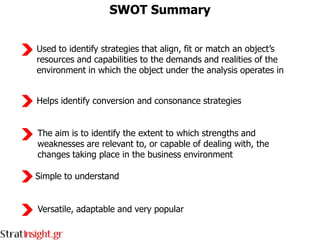 SWOT Summary


Used to identify strategies that align, fit or match an object’s
resources and capabilities to the demands and realities of the
environment in which the object under the analysis operates in


Helps identify conversion and consonance strategies


The aim is to identify the extent to which strengths and
weaknesses are relevant to, or capable of dealing with, the
changes taking place in the business environment

Simple to understand


Versatile, adaptable and very popular
 