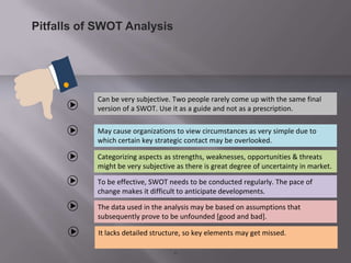 Pitfalls of SWOT Analysis
Can be very subjective. Two people rarely come up with the same final
version of a SWOT. Use it as a guide and not as a prescription.
May cause organizations to view circumstances as very simple due to
which certain key strategic contact may be overlooked.
Categorizing aspects as strengths, weaknesses, opportunities & threats
might be very subjective as there is great degree of uncertainty in market.
To be effective, SWOT needs to be conducted regularly. The pace of
change makes it difficult to anticipate developments.
The data used in the analysis may be based on assumptions that
subsequently prove to be unfounded [good and bad].
It lacks detailed structure, so key elements may get missed.
.
 