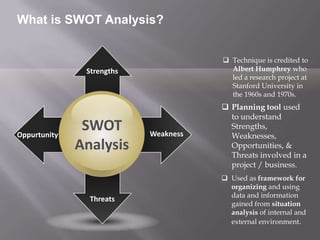 SWOT
Analysis
Oppurtunity
Threats
Strengths
Weakness
 Technique is credited to
Albert Humphrey who
led a research project at
Stanford University in
the 1960s and 1970s.
 Planning tool used
to understand
Strengths,
Weaknesses,
Opportunities, &
Threats involved in a
project / business.
 Used as framework for
organizing and using
data and information
gained from situation
analysis of internal and
external environment.
What is SWOT Analysis?
 