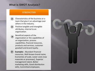 STRENGTHS
Characteristics of the business or a
team that give it an advantage over
others in the industry.
Positive tangible and intangible
attributes, internal to an
organization.
Beneficial aspects of the
organization or the capabilities of
an organization, process
capabilities, financial resources,
products and services, customer
goodwill and brand loyalty.
Examples - Abundant financial
resources, Well-known brand name,
Economies of scale, Lower costs [raw
materials or processes], Superior
management talent, Better
marketing skills, Good distribution
skills, Committed employees.
What is SWOT Analysis?
 