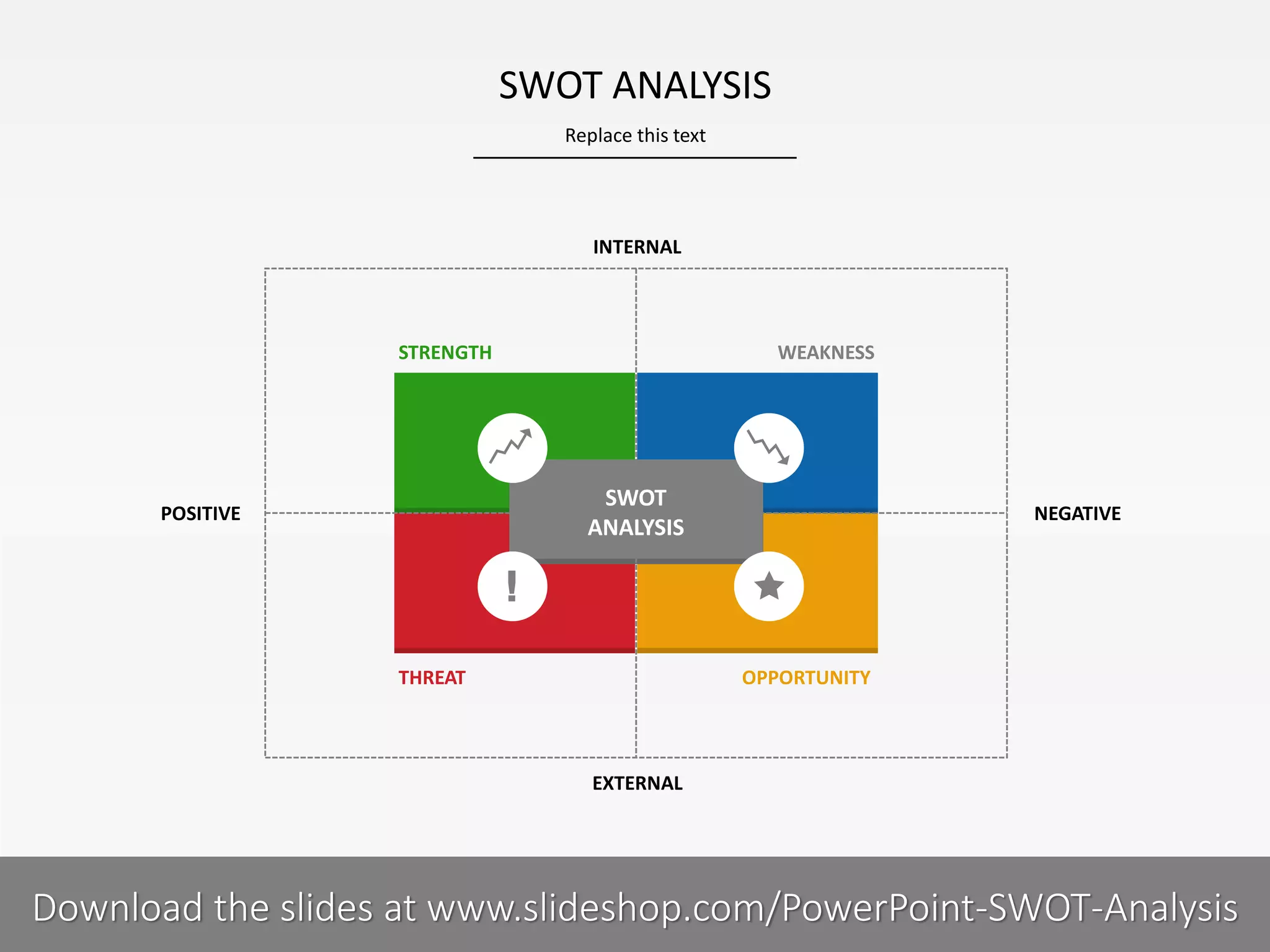 Replace this text
9 I
SWOT ANALYSIS
PRESENTER NAMECOMPANY NAME
INTERNAL
EXTERNAL
NEGATIVEPOSITIVE
STRENGTH WEAKNESS
OPPORTUNITYTHREAT
SWOT
ANALYSIS
Download the slides at www.slideshop.com/PowerPoint-SWOT-Analysis
 