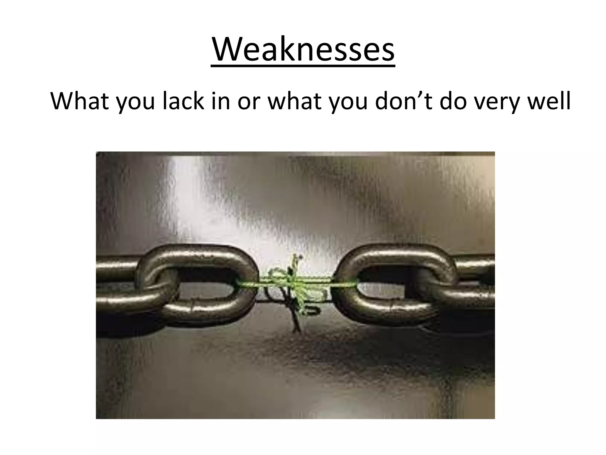 Weaknesses
What you lack in or what you don’t do very well
 
