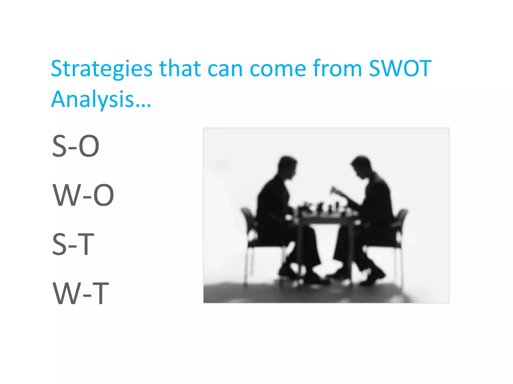 Strategies that can come from SWOT
Analysis…
S-O
W-O
S-T
W-T
 