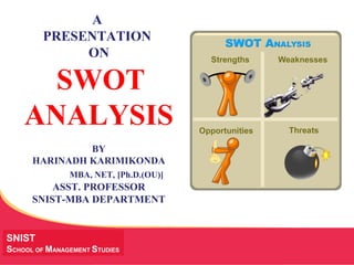 MANAGING Tough Times
A
PRESENTATION
ON
SWOT
ANALYSIS
BY
HARINADH KARIMIKONDA
MBA, NET, [Ph.D.(OU)]
ASST. PROFESSOR
SNIST-MBA DEPARTMENT
SNIST
SCHOOL OF MANAGEMENT STUDIES
 