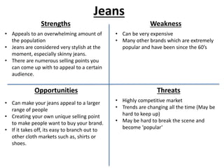 Jeans
Strengths Weakness
Opportunities Threats
• Appeals to an overwhelming amount of
the population
• Jeans are considered very stylish at the
moment, especially skinny jeans.
• There are numerous selling points you
can come up with to appeal to a certain
audience.
• Can be very expensive
• Many other brands which are extremely
popular and have been since the 60’s
• Highly competitive market
• Trends are changing all the time (May be
hard to keep up)
• May be hard to break the scene and
become ‘popular’
• Can make your jeans appeal to a larger
range of people
• Creating your own unique selling point
to make people want to buy your brand.
• If it takes off, its easy to branch out to
other cloth markets such as, shirts or
shoes.
 