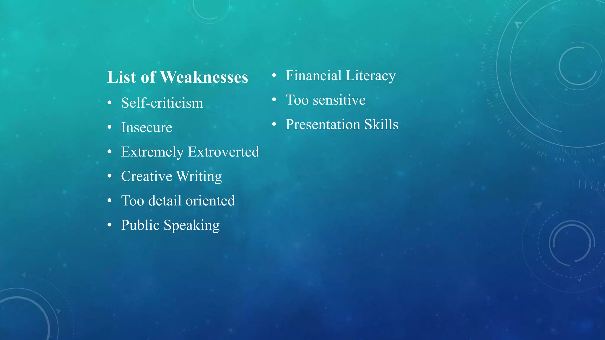 List of Weaknesses
• Self-criticism
• Insecure
• Extremely Extroverted
• Creative Writing
• Too detail oriented
• Public Speaking
• Financial Literacy
• Too sensitive
• Presentation Skills
 