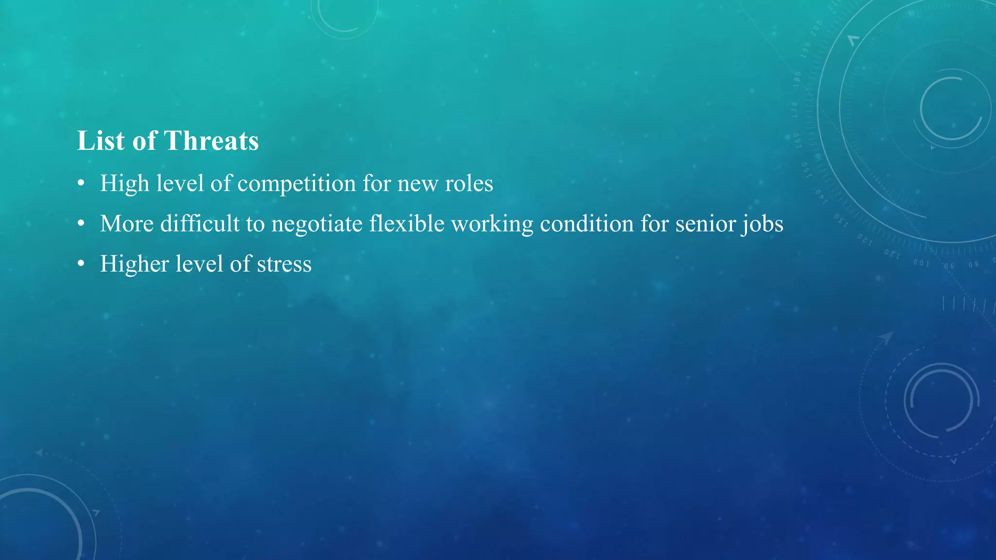 List of Threats
• High level of competition for new roles
• More difficult to negotiate flexible working condition for senior jobs
• Higher level of stress
 