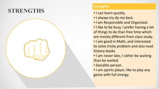 STRENGTHS
Strengths
• I can learn quickly.
• I always try do my best.
• I am Responsible and Organized.
• I like to be busy, I prefer having a lot
of things to do than free time which
are mostly different from class study.
• I am good in Math, and interested
to solve tricky problem and also read
history books
• I am never late, I rather be waiting
than be waited.
• Sociable person.
• I am sports player, like to play any
game with full energy.
 