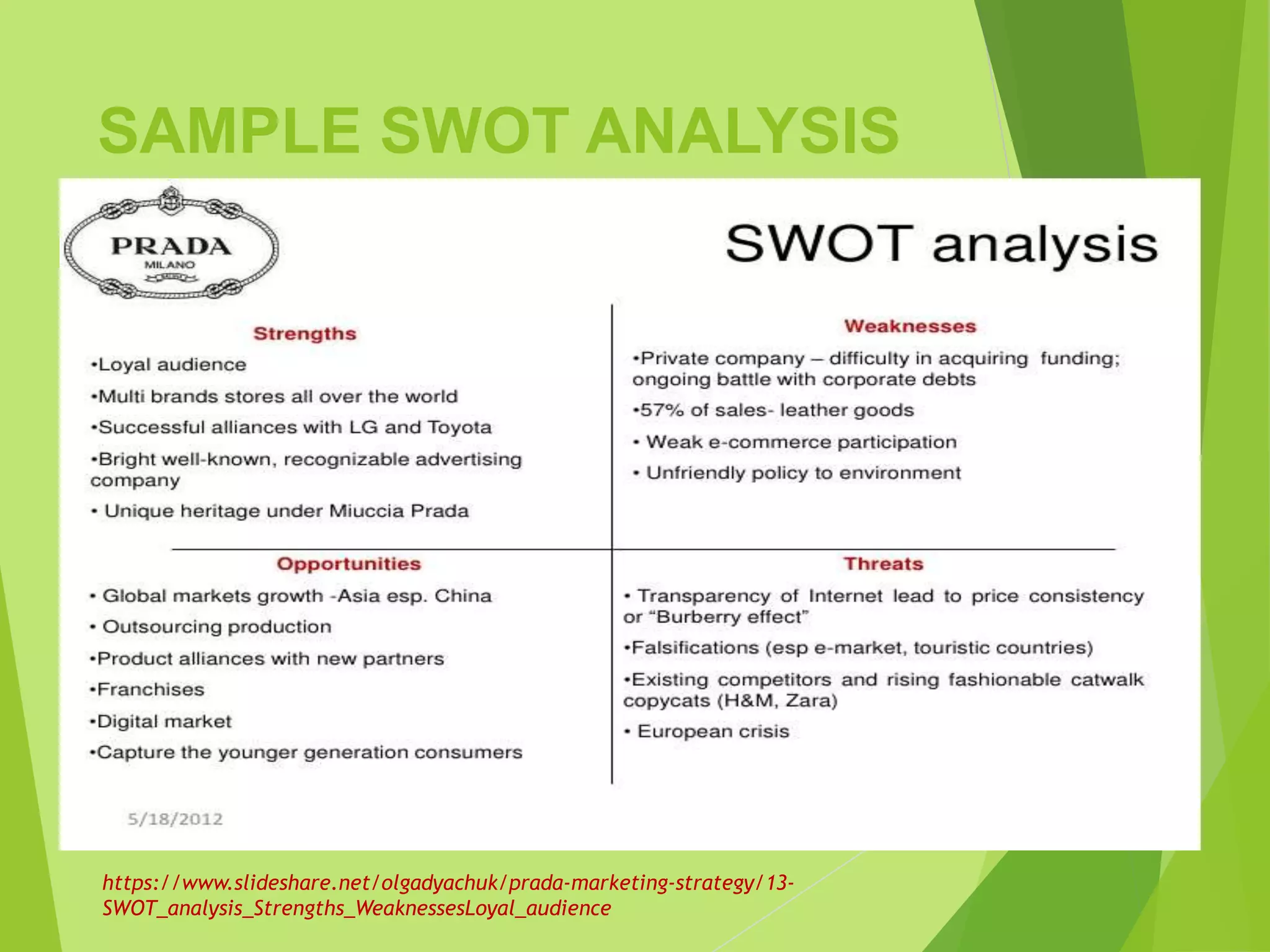 SAMPLE SWOT ANALYSIS
https://www.slideshare.net/olgadyachuk/prada-marketing-strategy/13-
SWOT_analysis_Strengths_WeaknessesLoyal_audience
 