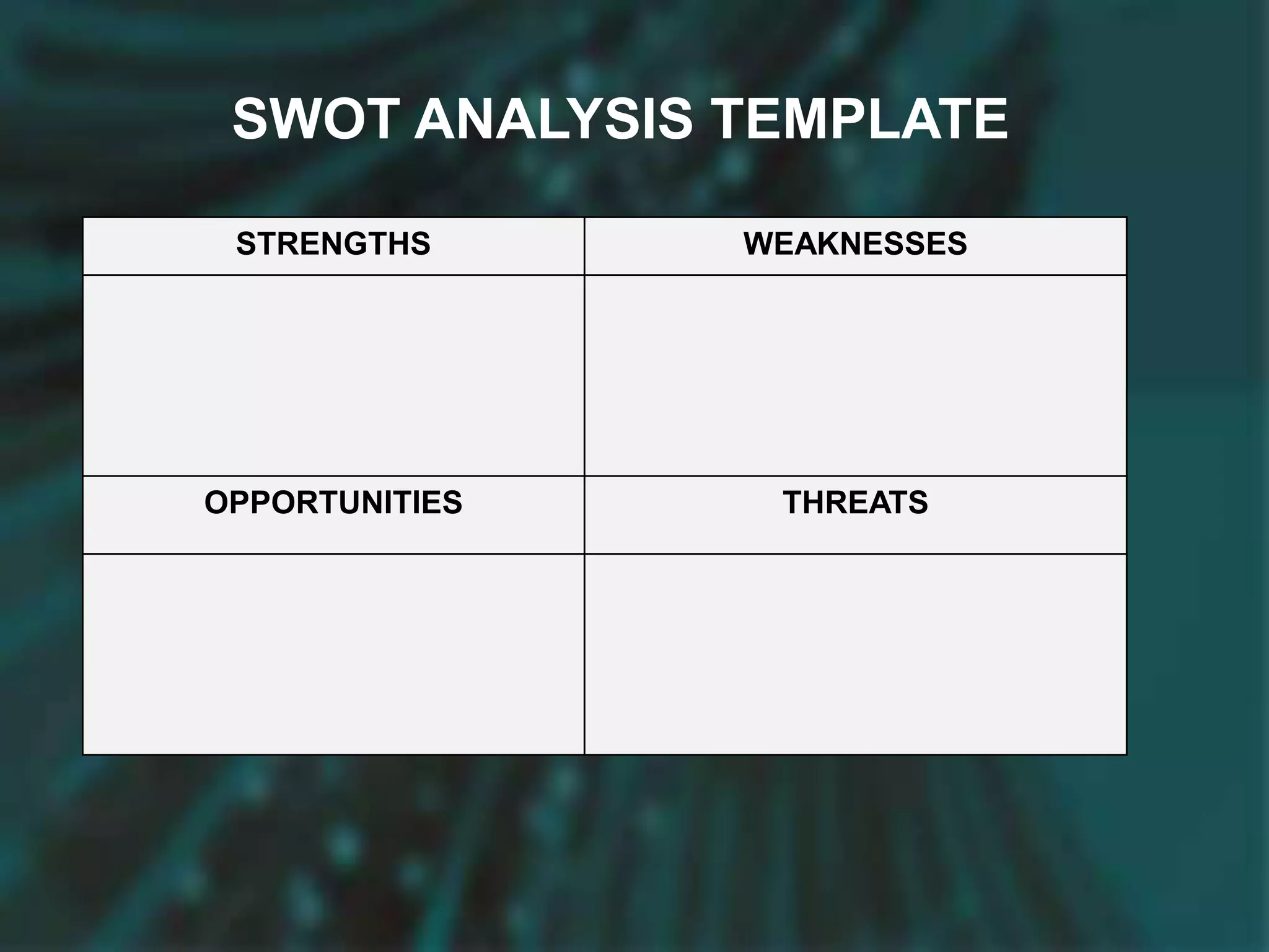 SWOT ANALYSIS TEMPLATE
STRENGTHS WEAKNESSES
OPPORTUNITIES THREATS
 