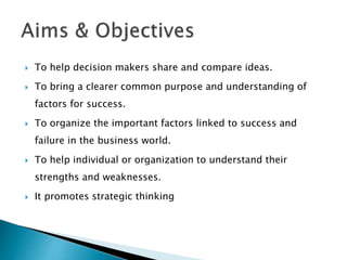  To help decision makers share and compare ideas.
 To bring a clearer common purpose and understanding of
factors for success.
 To organize the important factors linked to success and
failure in the business world.
 To help individual or organization to understand their
strengths and weaknesses.
 It promotes strategic thinking
 