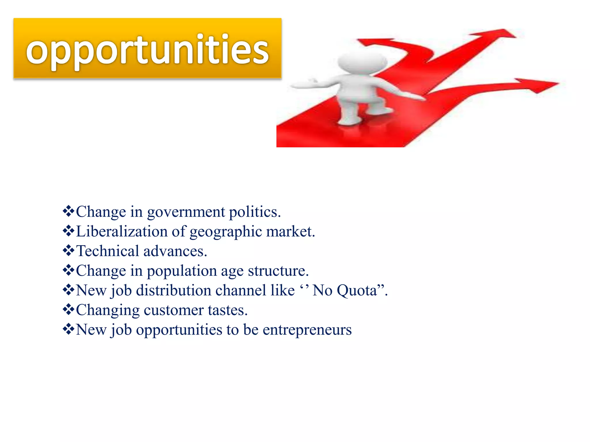 Change in government politics.
Liberalization of geographic market.
Technical advances.
Change in population age structure.
New job distribution channel like ‘’ No Quota”.
Changing customer tastes.
New job opportunities to be entrepreneurs