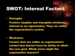 SWOT: Internal Factors Strengths Positive tangible and intangible attributes, internal to an organization. They are within the organization’s control. Weakness. Factors that are within an organization’s control that detract from its ability to attain the core goal. Which areas might the organization improve? 