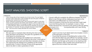 THREATS:
- I wasn’t sure how much detail need to be included, in terms
of the description of the shot.
- I found that the process of identifying the number of the
shot with the detail was quite difficult. For example, I would
type up the number of the shot next to the line of dialog or
direction and the type up the same on my shooting script
but if I wanted to add in another shot I would have to re-
type all the shot numbers that came after.
OPPURTUNITIES:
- We were given an example sheet indicating the shot number,
type, description and duration. This gave me a guideline of how
could layout my shooting script.
- Completing the shooting script enabled me to write down
information that wouldn’t be suitable for the script. I could add on
extra detail about the scene and what them characters are doing.
- This opportunity also allowed me to establish my film further
because when it comes to filming, I’ll have all the appropriate
data to be able to create a great piece of work.
STRENGTHS:
- I had a strong idea of how I wanted a lot of shot to look. This was helpful
because it then meant that I could complete the task with great confidence
knowing what I wanted the shot type to be.
- Whilst creating the shooting script, I had one document open to note down
where my shots would be and another open beside it, where I could put the
corresponding information. For example, on page 2 of my script, the number
‘1’, means Mid Shot, where it shows what the two characters are doing for
the duration of 3 seconds. This was a strengths because it meant that I knew
that both documents clearly identified the correct details.
WEAKNESSES:
- I found it difficult to establish the difference between the shots.
When In start filming I will be challenging to go back to the
information and differentiate my vision of the shots.
- I think my duration of shot are too quick and that I might need
more time filming that shot. For example, in scene 1, I have
written that Anna has 2 seconds for the camera to film her getting
out scissors. It is incomprehensible until I start filming
with the direction.
SWOT ANALYSIS: SHOOTING SCRIPT
SWOT
 
