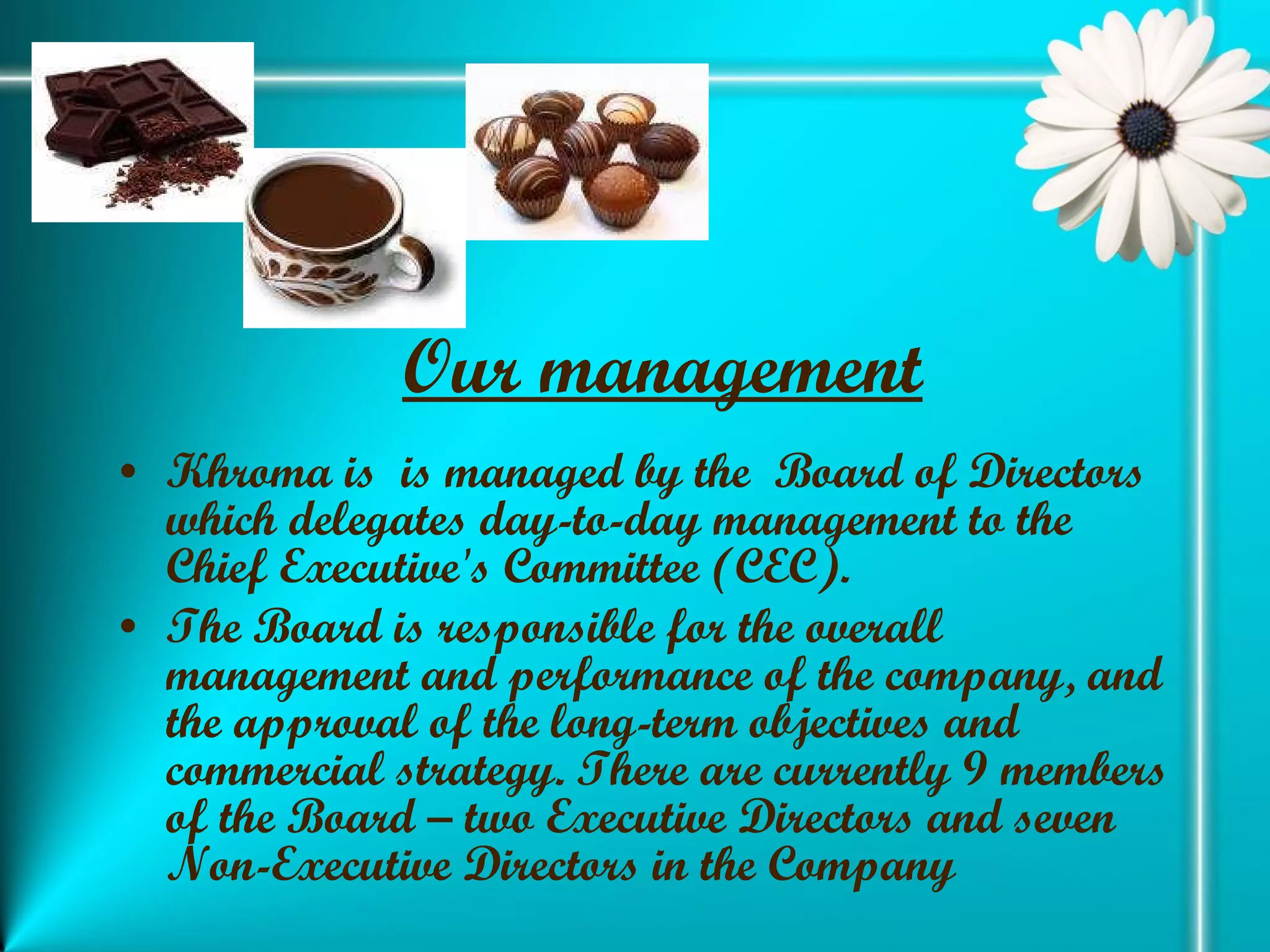 Our management   Khroma is  is managed by the  Board of Directors which delegates day-to-day management to the Chief Executive's Committee (CEC). The Board is responsible for the overall management and performance of the company, and the approval of the long-term objectives and commercial strategy. There are currently 9 members of the Board – two Executive Directors and seven Non-Executive Directors in the Company 